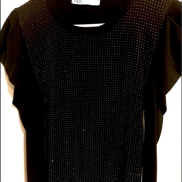 Zara Sweaters - Black Long Sleeve Zara Silver Studded Knit Sweater with Puff Sleeves